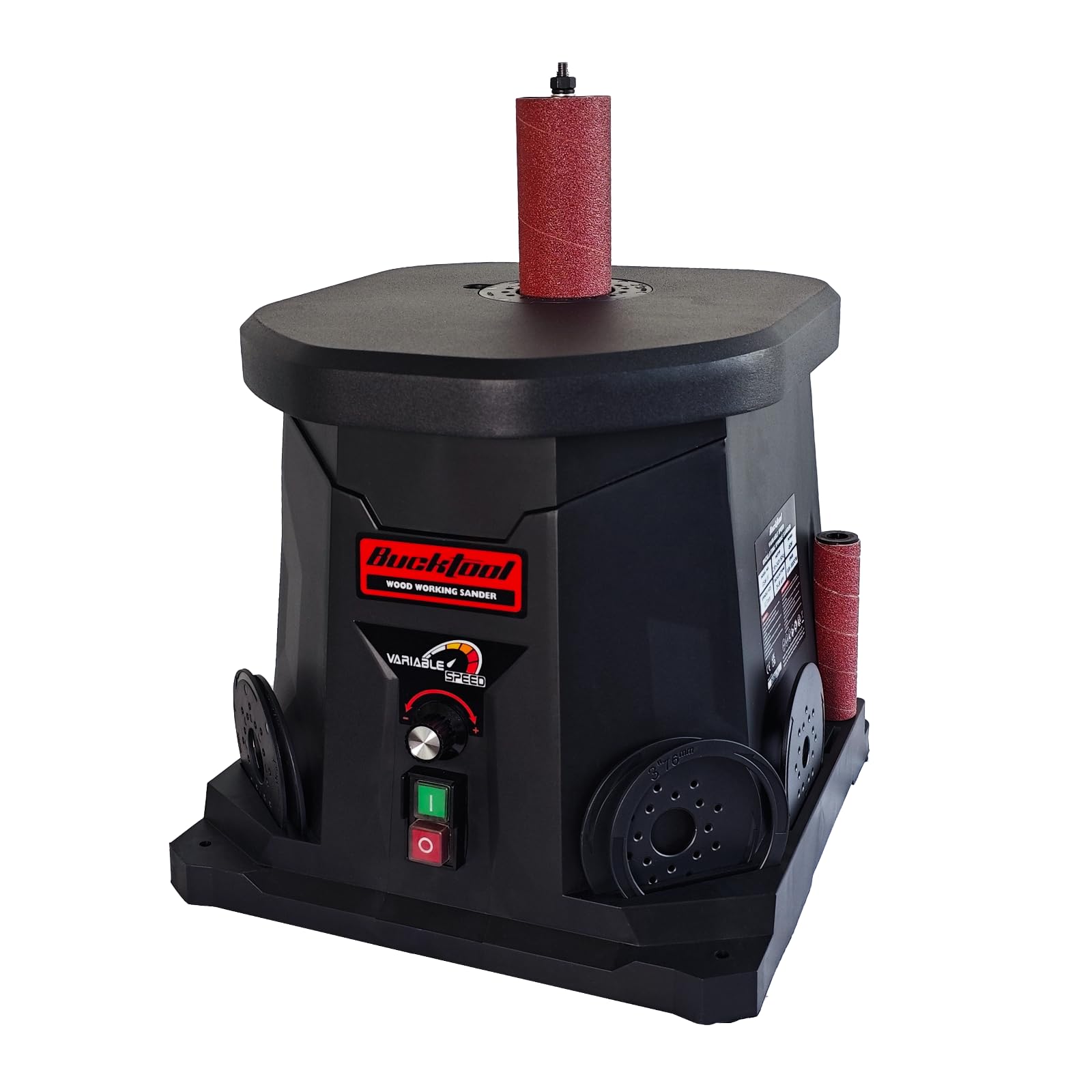 BUCKTOOL Amoladora de husillo de 450 W, lijadora oscilante de husillo | 1000-1800 rpm de velocidad variable, 6 manguitos de lijado, oscilación de 16 mm y extracción de polvo para bordes y contornos