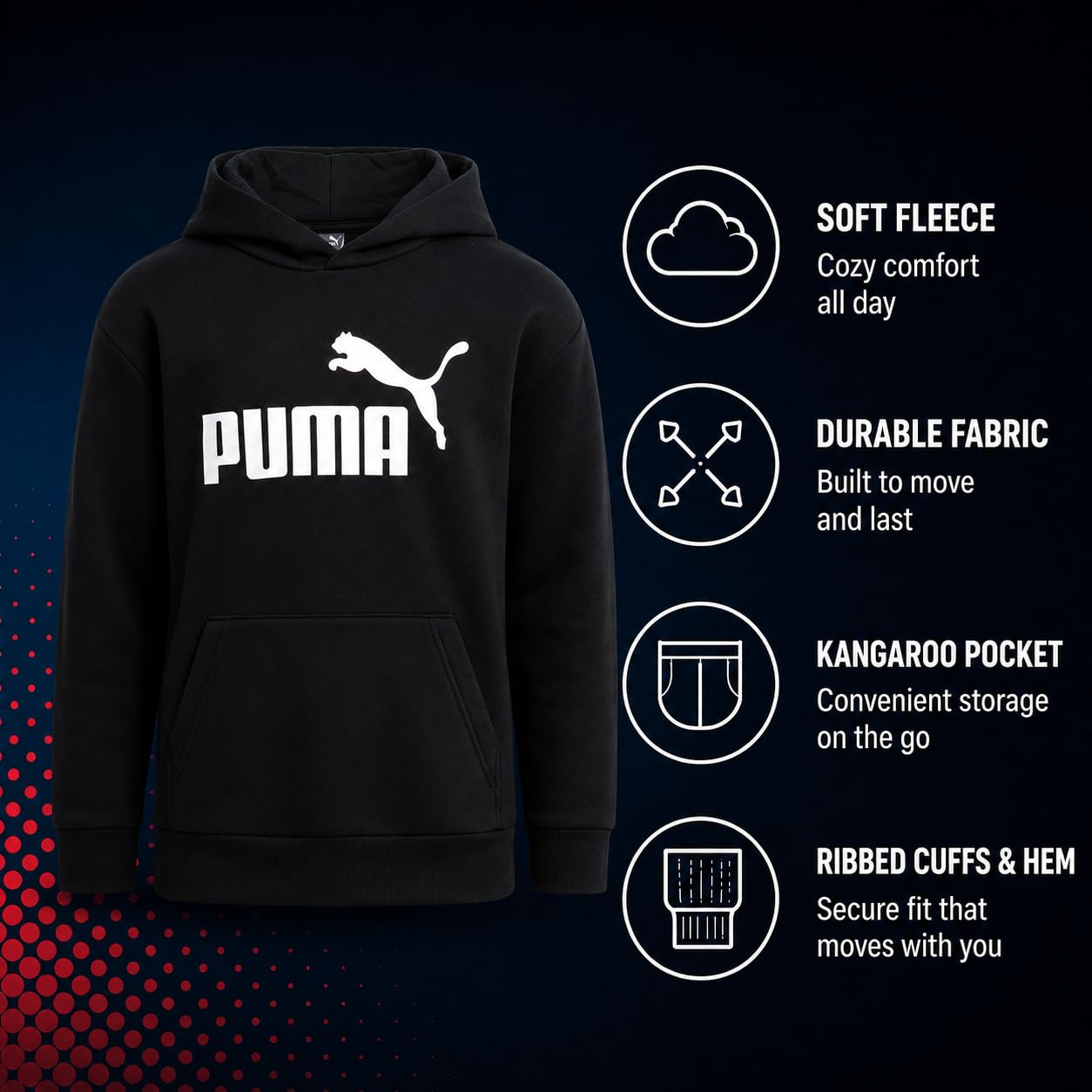 PUMA Chłopięca bluza z kapturem - sportowa bluza polarowa dla chłopców - przytulna miękka bluza dziecięca z grafiką (rozmiary: 8-20)