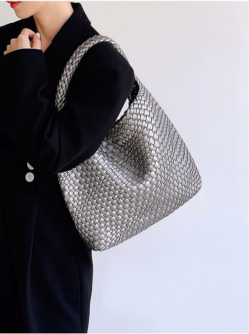 Hand Woven Bag Tote Bag For Women Vegan Leather handle handbag Travel Shoulder Bag With Purse