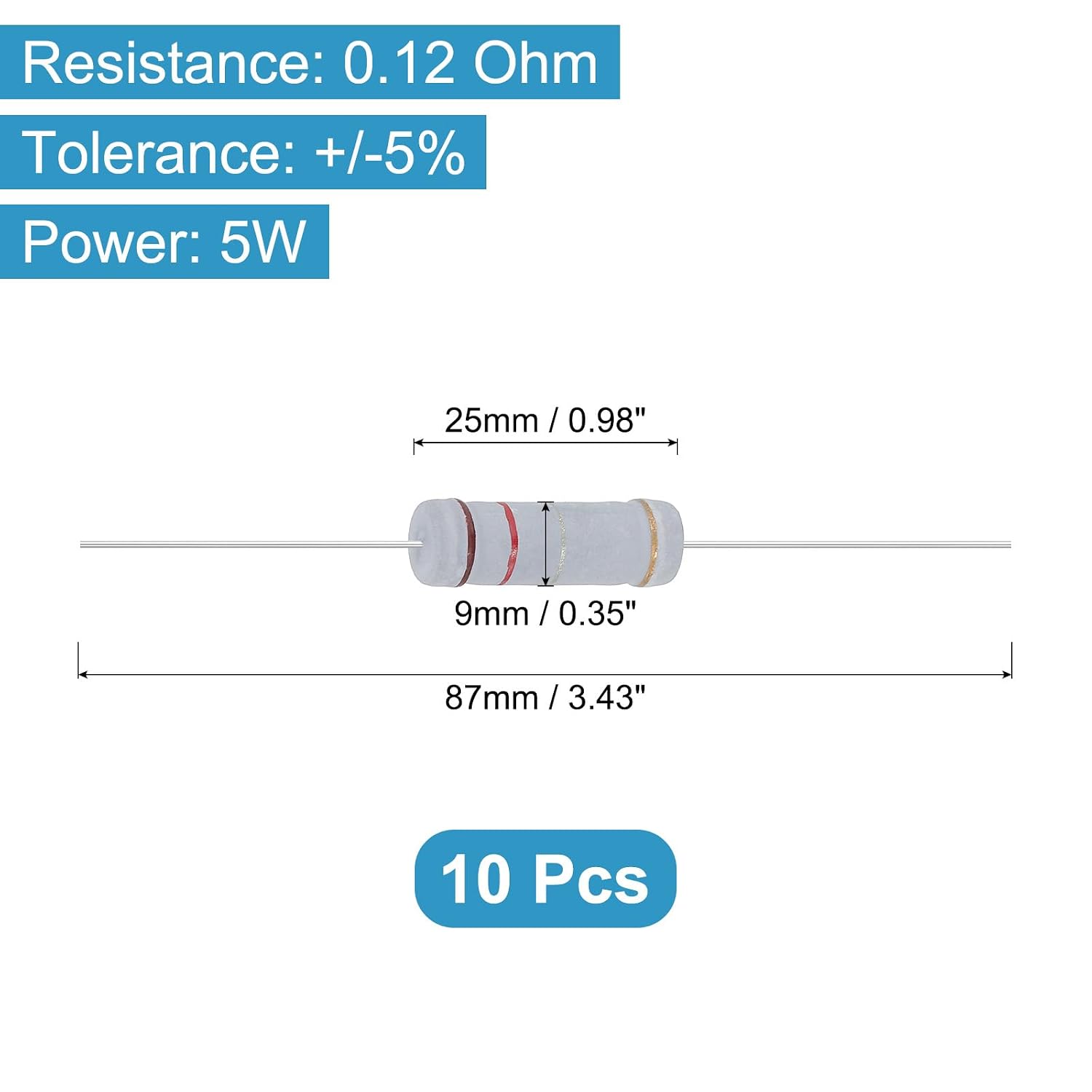 YOKIVE 10 Pcs 0.12 Ohm 5 Watts Metal Oxide Film Resistor, 5% Tolerance Resistor Axial Lead | Flame Proof for DIY Electronic Circuits, Audio-Video Projects