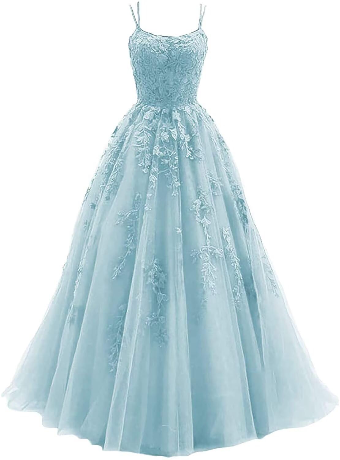 Tulle Spaghetti Straps Prom Dresses Long Lace Appliques Ball Gowns for Women