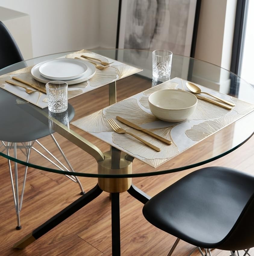 Image of HomeCloud Rectangular Waterproof Dining Table Placemats | Strong & Easy-Clean Table Mat for Dining, Center & Bedside Table | Protects from Spills, Heat & Scratches (Botanical Gold, Set of 2)