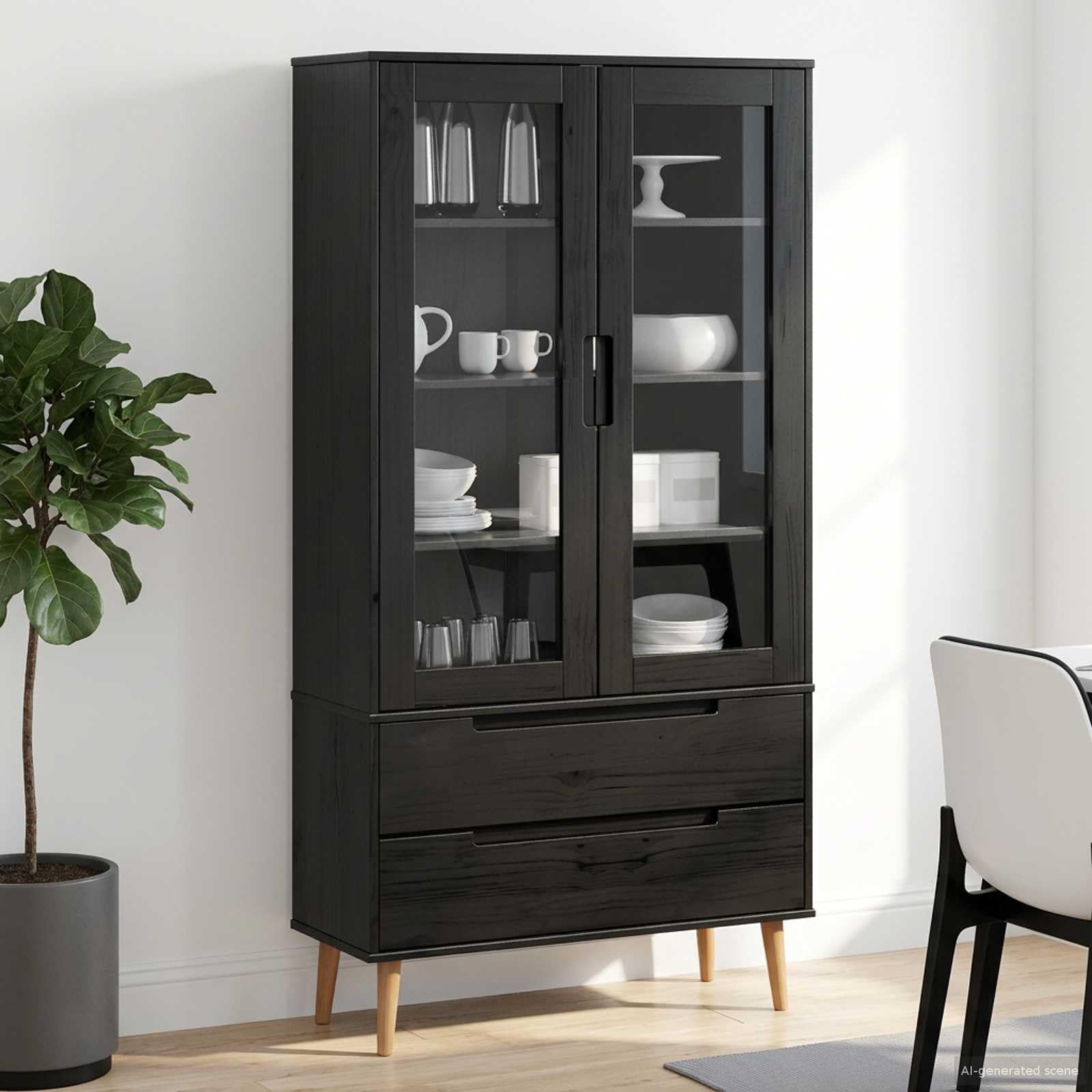 Vetrina in vetro Molde, 90 x 35 x 175 cm, in legno di pino massello, nero, con ante in vetro temperato e spazio per riporre oggetti, per soggiorno e camera da letto