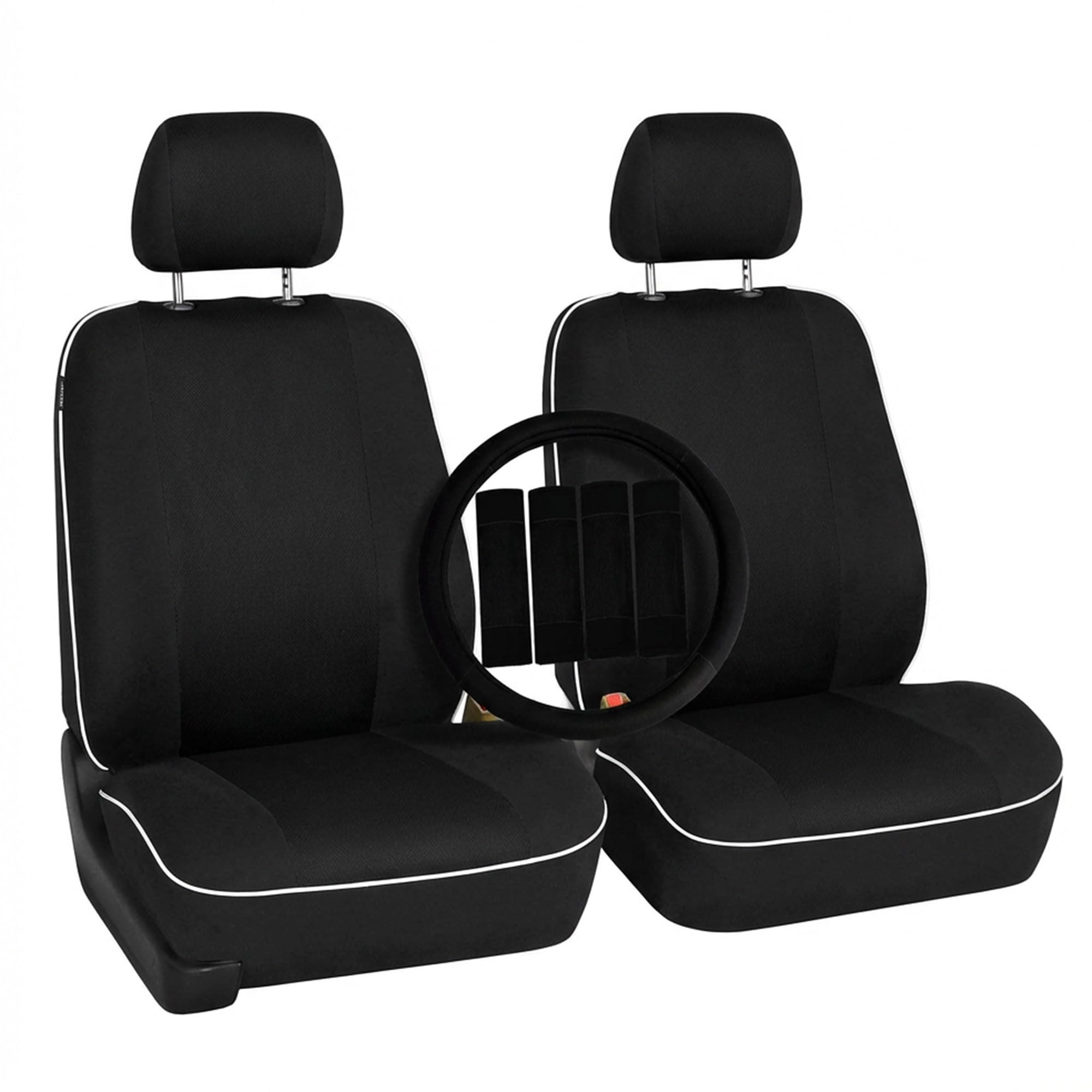 FH Group Car Seat Cover Edgy Piping Cloth Front Seats Only Automotive Seat Covers Black, Airbag Compatible Universal Fit Interior Accessories Car Truck SUV Combo Steering Wheel Cover & Seat Belt Pad