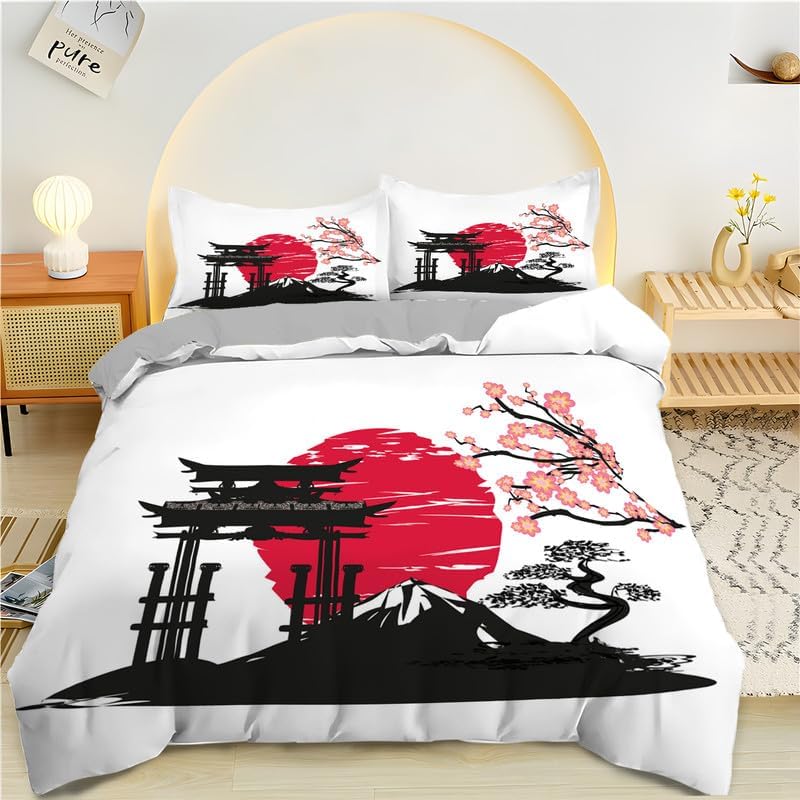 Qiwagu Housse de Couette 220x240 Style Japonais, Parure de Lit 2 Personnes Fleurs de Cerisier du Mont Fuji avec 2 Taies d'oreiller 65x65 cm, Z25