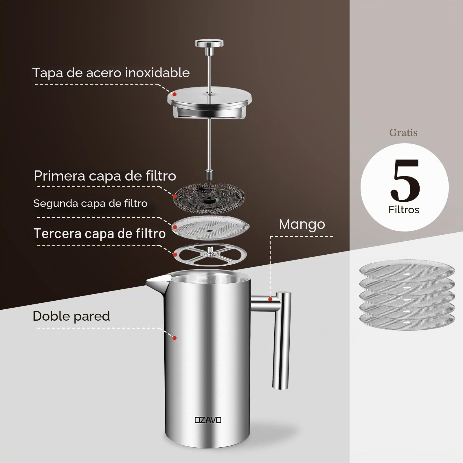 Cafetera de Émbolo Individual Prensa Francesa Acero Inoxidable 1L Plateado