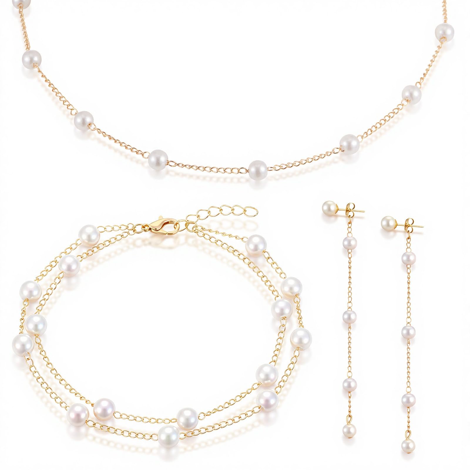 Gold Jewelry Set for Women Pearl Necklaces Pearl Bracelets Dainty Drop Earrings Gift for Wedding Bride Bridesmaids Christmas Valentine's Day Jewelry Boho Prom Accessories