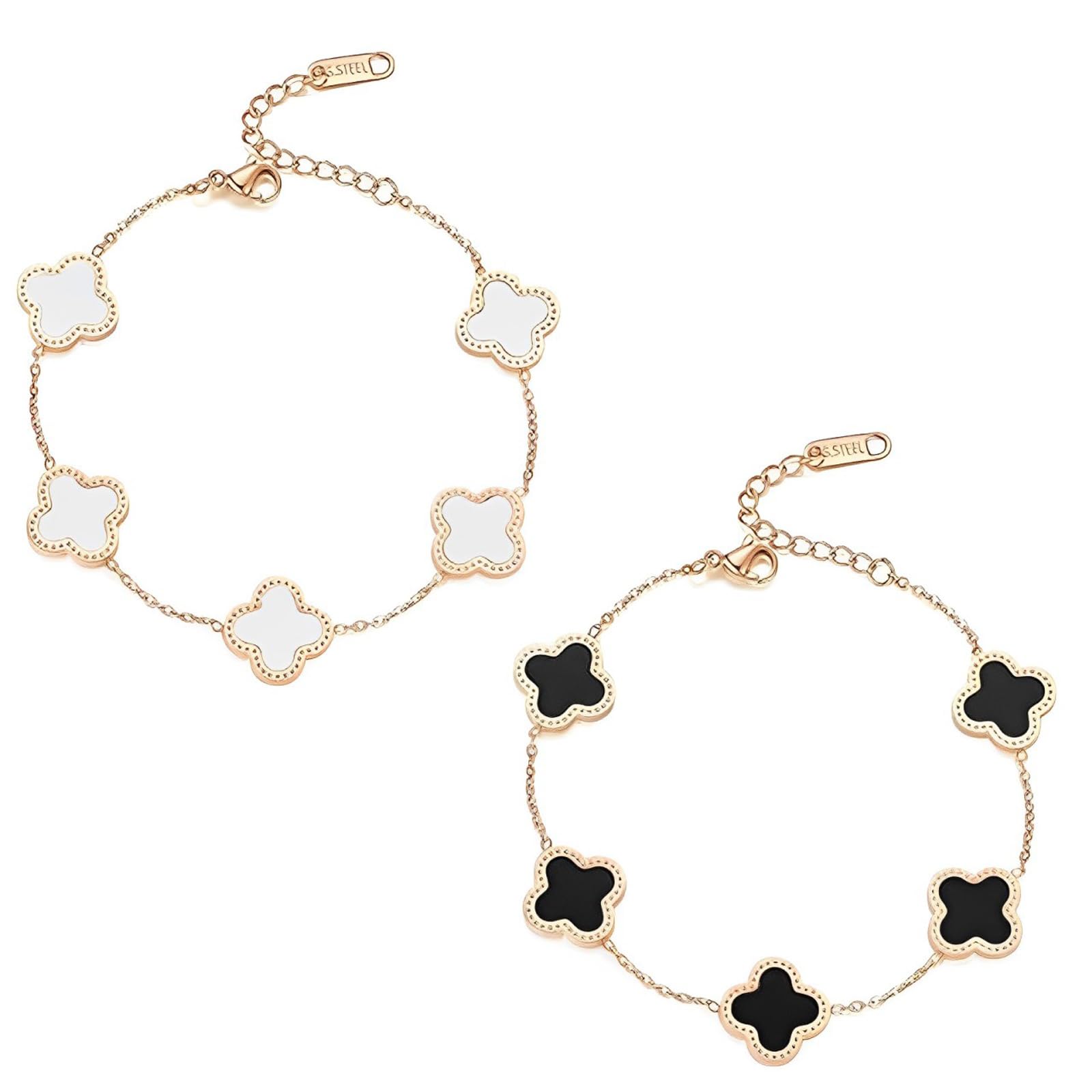 WORUIB2 Pcs Clover Bracelet, Four Leaf Clover Bracelet, Fashionable Exquisite Four-Leaf clover Friendship bracelet For Women Girls(Black+White)