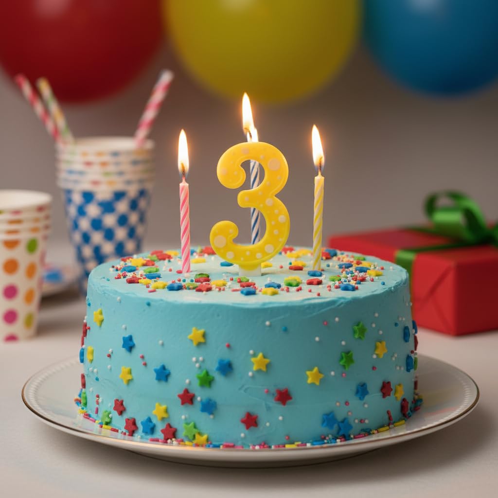 Candela Compleanno con Pois, Paraffina, 12,5 cm, Fiamma Stabile (giallo 3) - 5