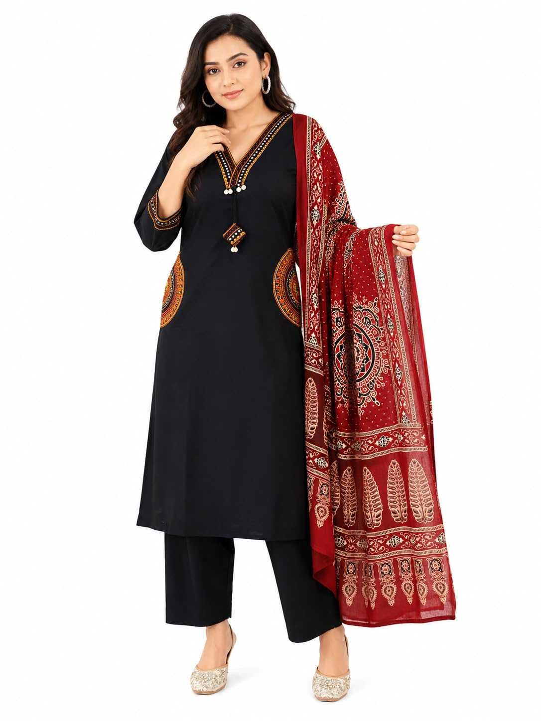 Women Cotton Kurta Pant Set, Black, Floral Embroidered, V Neck, Three-Quarter Sleeves, Straight Kurta with Dupatta,Rasa Fashion Studio-image-47