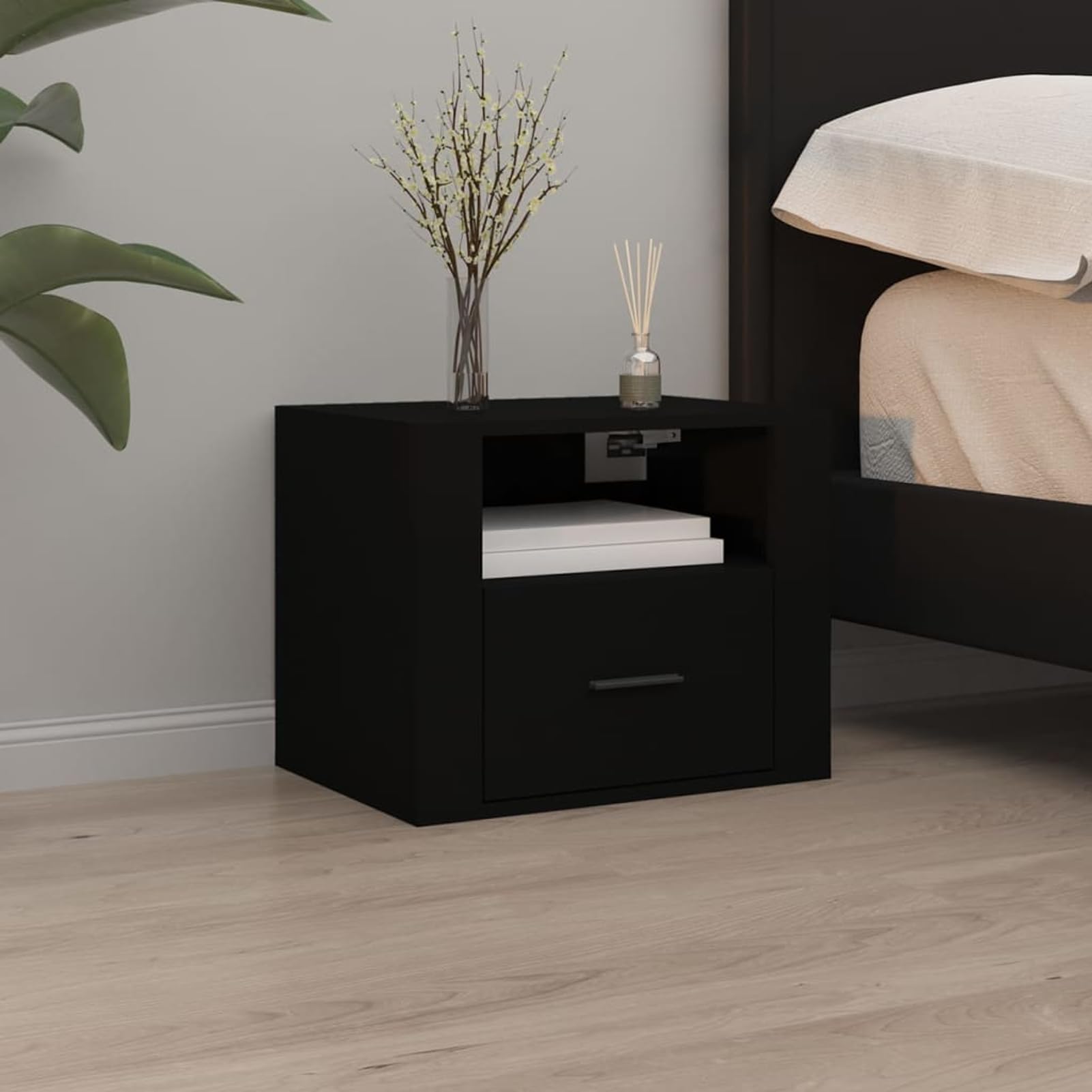 Gecheer Comodino da parete, nero, 50 x 36 x 40 cm, tavolino galleggiante con cassetto e mensola, comodino armadio laterale sospeso supporto per telefono per camera da letto, soggiorno