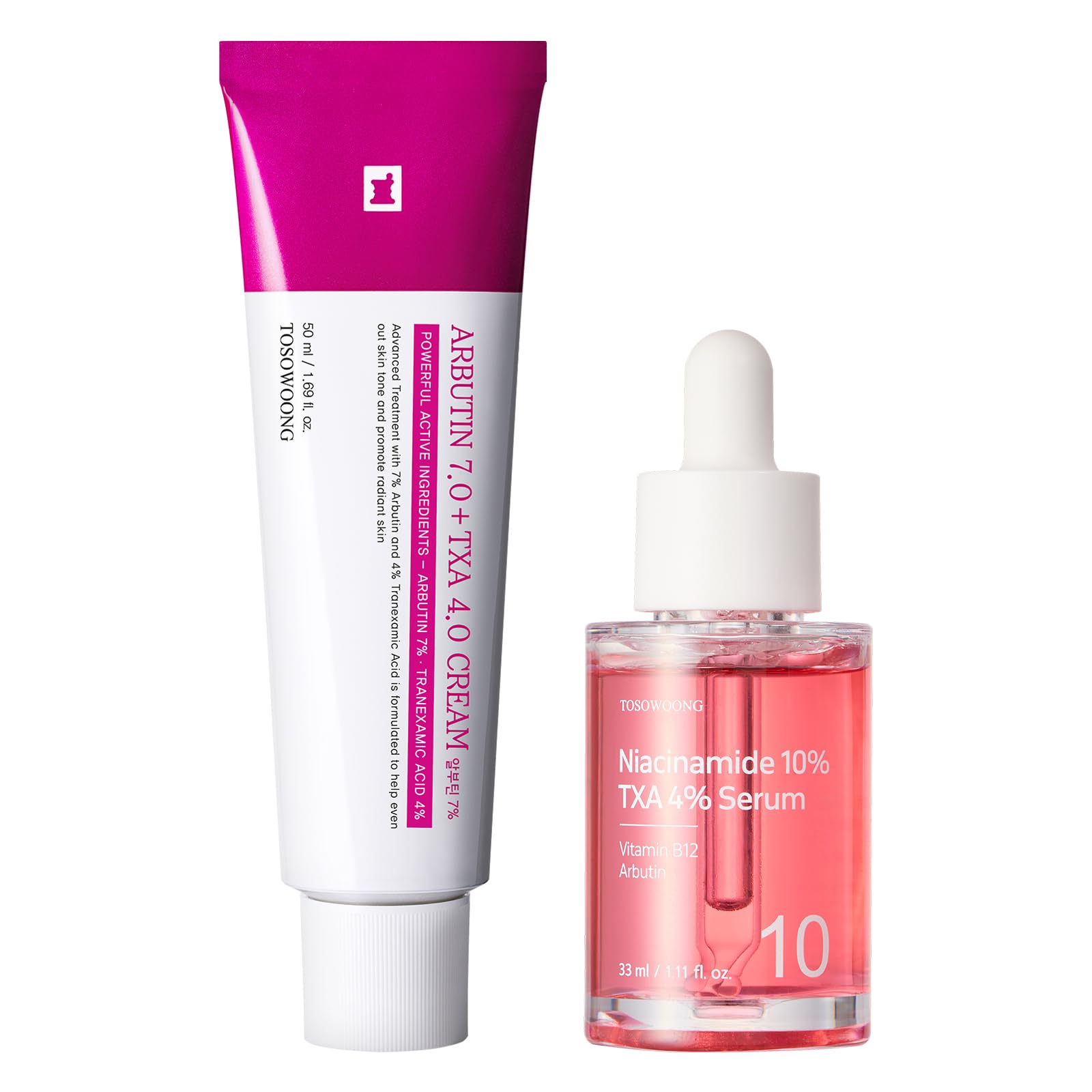 Duo TXA Glow & Care TOSOWOONG : Crème Arbutine 7 Acide Tranexamique 4 et Sérum TXA+Niacinamide 10 Acide Tranexamique 4 pour Teint Inégal et Texture | Skincare Coréen