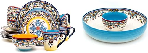 Euro Ceramica Zanzibar Collection - Juego de vajilla de 16 piezas para cocina y comedor servicio para 4 diseño floral español multicolor azul y