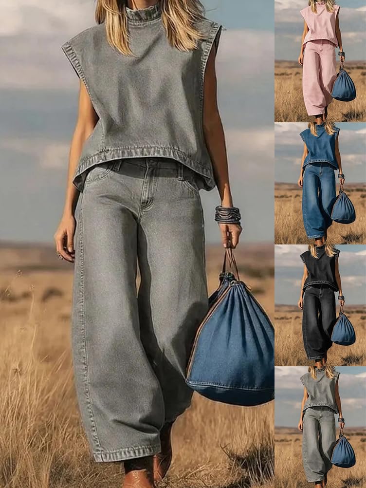 shownicer Completo Donna Elegante Tuta Estivo 2 Pezzi Set Senza Maniche Top E Jeans Pantaloni Curvy Completo Due Pezzi Set Completi Tute