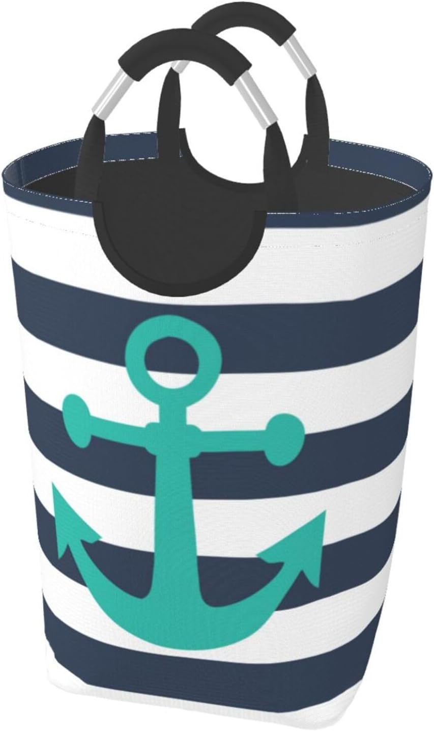 Large Laundry Basket, Nautical Navy Blue Stripes Turquoise Anchor Laundry Hamper Bag Collapsible Washing Bin With Handles for College Dorm, Family Essentials Storage
