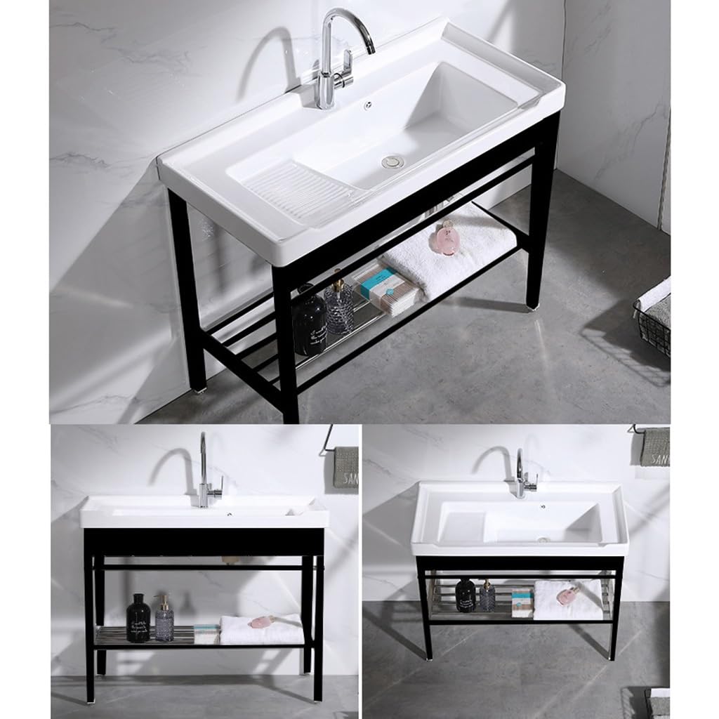 Fregadero Independiente for Lavandería, Lavabo de Cerámica con Tabla de Lavar Patas de Metal de Acero Inoxidable Soporte y Kit de Drenaje, for Lavadero, Lavadero, Garaje, Sótano ( Size : 60X48CM )