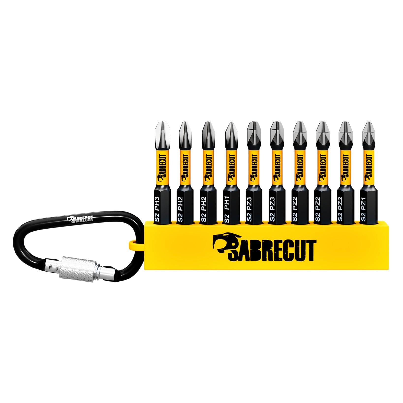 Sabrecut 10 X Scrk005 50Mm Phillips Ph1 Ph2 Ph3 Pozi Pozidriv Pz1 Pz2 Pz3 Magnetic Impact Screwdriver Drill Driver Bits Set With Carabiner Clip Storage Sleeve Single Ended Heavy Duty