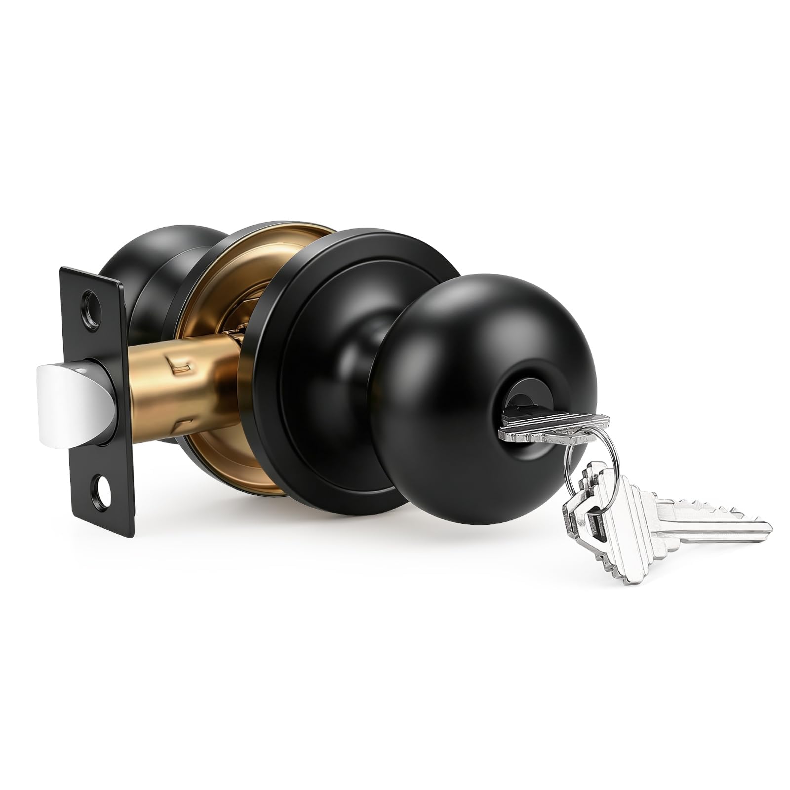 RICKUNCL Door Knobs for Interior Doors with Lock and Key, Matte Black Round Door Handles with 3 Keys, Adjustable 60/70mm Tubular Latch for 35-45mm Wooden Doors, 1 Pack
