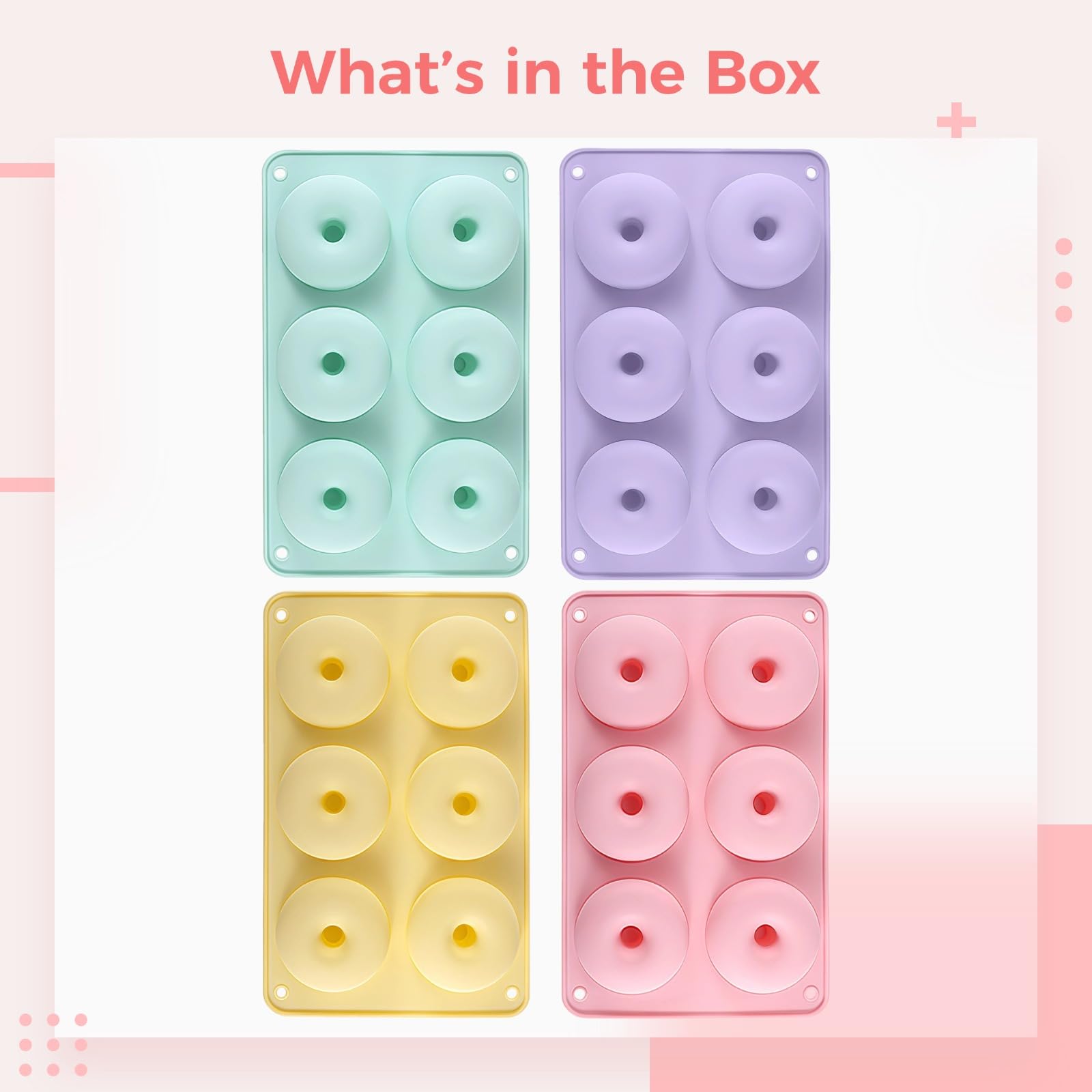 Moule à donuts en silicone, lot de 4, ronds, 6 cavités, couleurs macaron, avec trous de suspension, silicone adapté au contact alimentaire, idéal pour biscuits, beignets et desserts