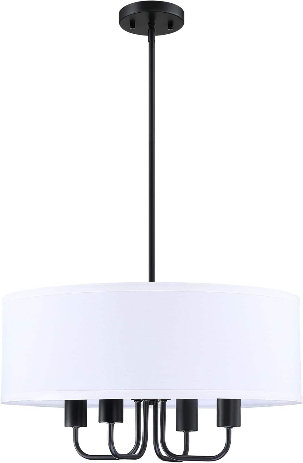 4 Light 20" Traditional Chandelier Hanging Light,White Linen Drum Shade Adjustable Rod Black Finish for Kitchen Island Bedroom Dining Room