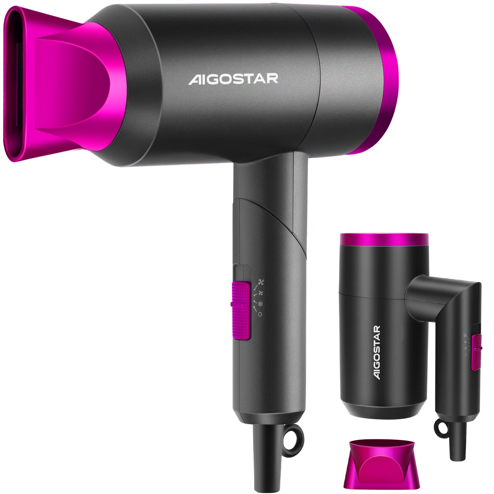 Aigostar Diane 32QYD - Secador de pelo, 1800W, ocupa poco espacio: mango plegable, 2 velocidades, 3 temperaturas. Incluye boquilla concentradora de calor. Perfecto para viajes. Color gris y rosa.