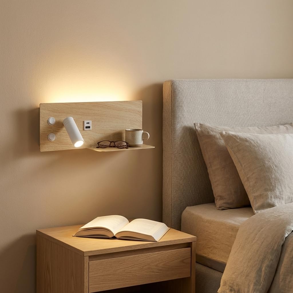 Alpinaluz Aplique LED de Pared con Luz de Lectura Orientable y Ambiental 2700K, Interruptor Dual, Doble Puerto de Carga USB, Repisa, Metal con Efecto Madera Beige Claro, Foco
