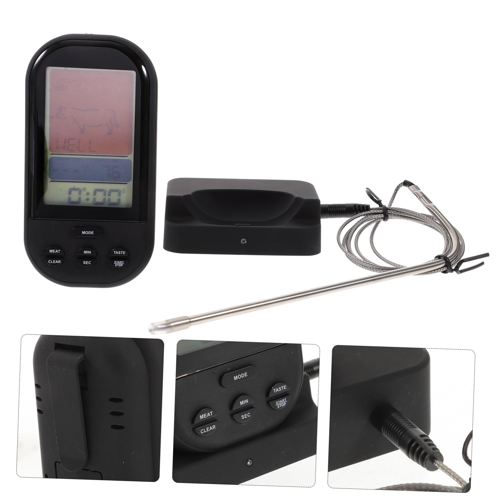 ULTECHNOVO Kabelloses Digitales Grillthermometer mit Großem LCD Display Fernüberwachung Sofortmessung C Voreingestellte Garstufen Timer Alarm für Ofen Bbq Fleisch und Outdoor Einsatz