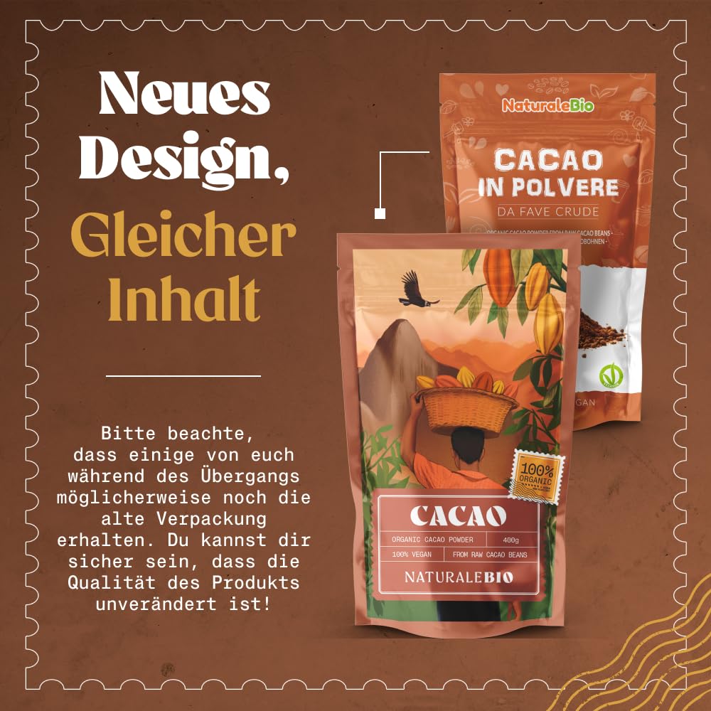 NaturaleBio Kakao Pulver Bio 1kg Organic Cacao Pulver Roh Ungesüßt