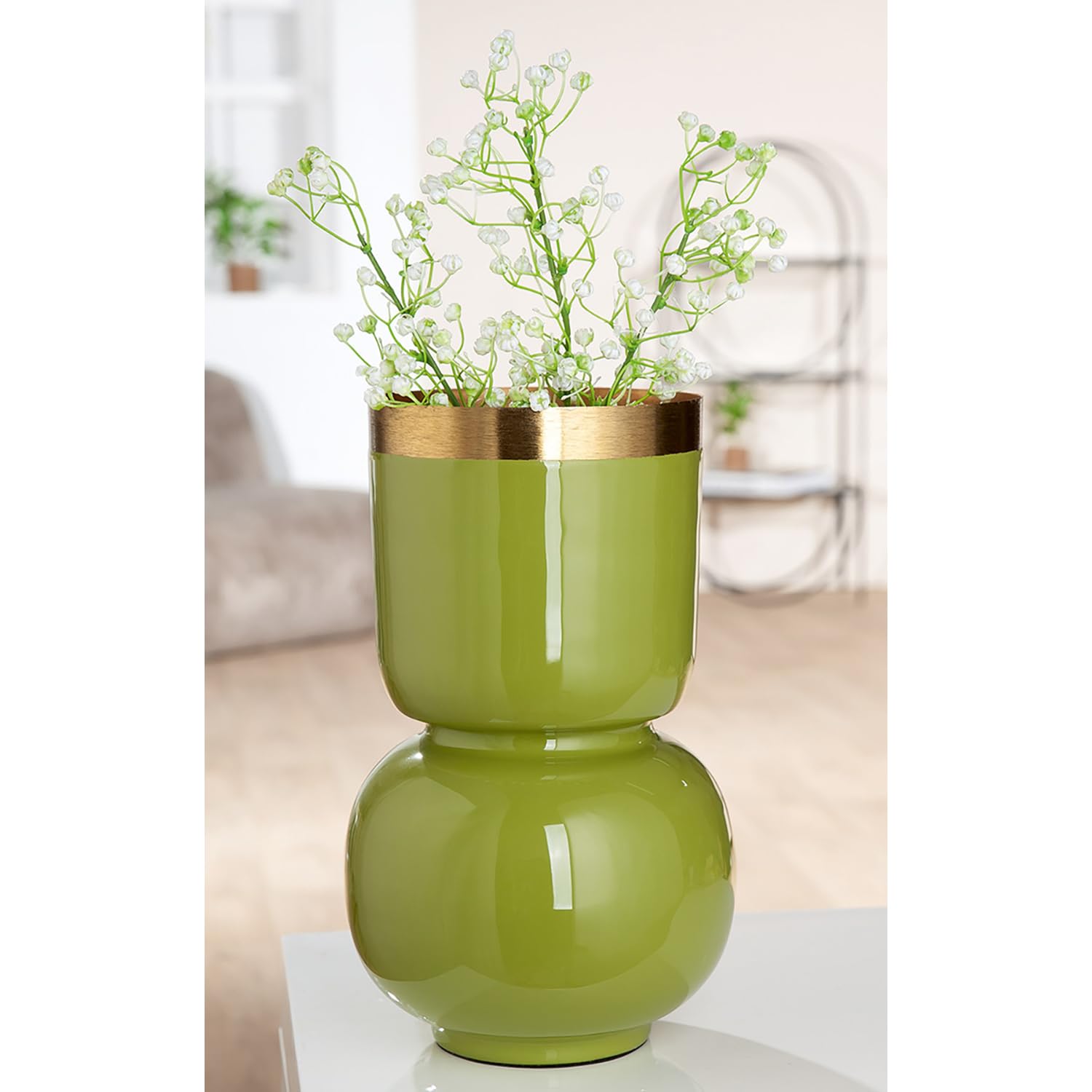 GILDE Vase Roro - Metall - grün glänzend - Höhe 31cm x Ø 18cm - Blumenvase