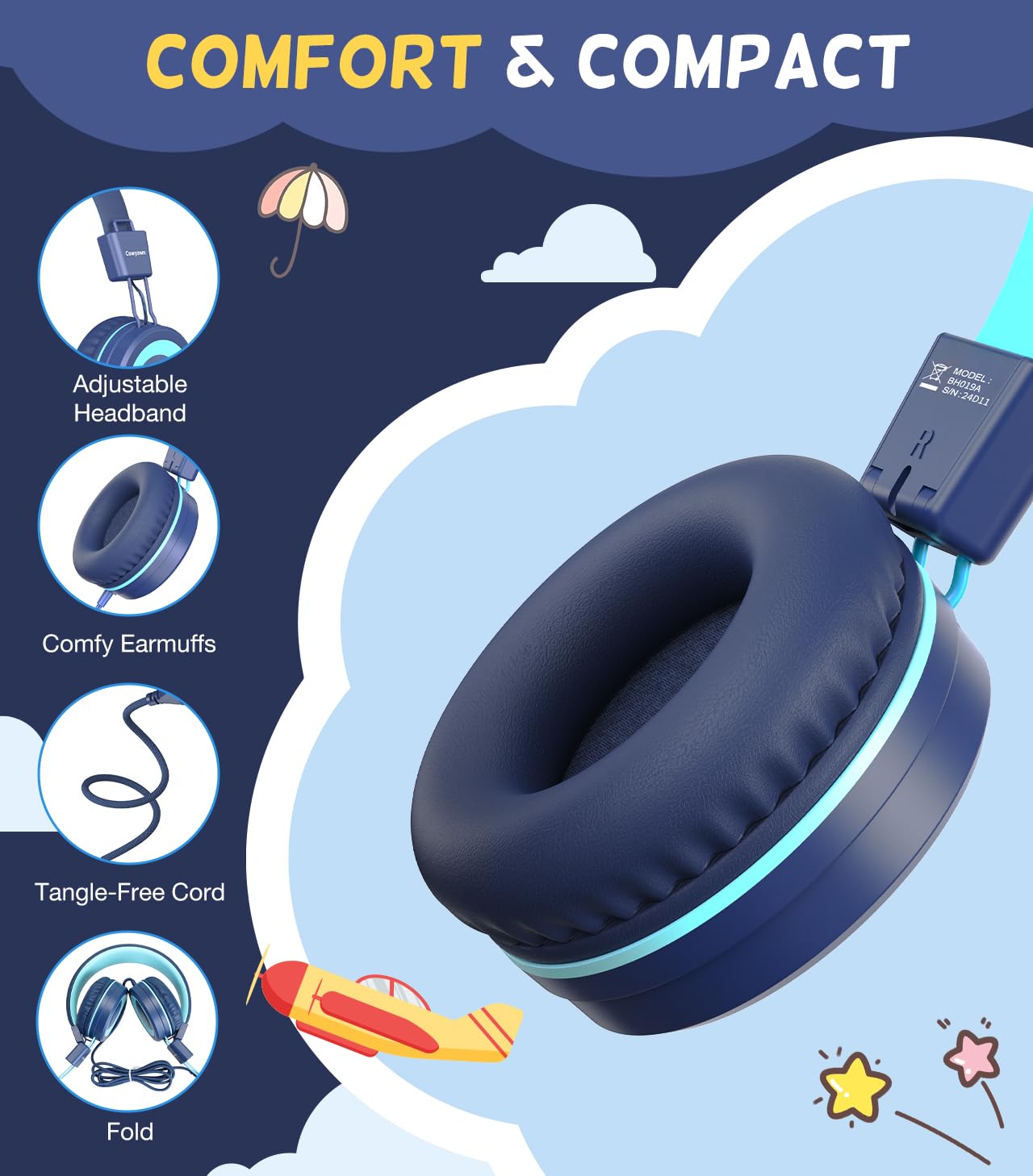 Cowyawn Cuffie Bambini USB di Tipo C, Cuffie Cablata USB C, Cuffie bambino di per la scuola, volume limitato a 94 dB, Cuffie Cablate On-ear pieghevoli e leggere per bambini/adolescenti/ragazzi/ragazze