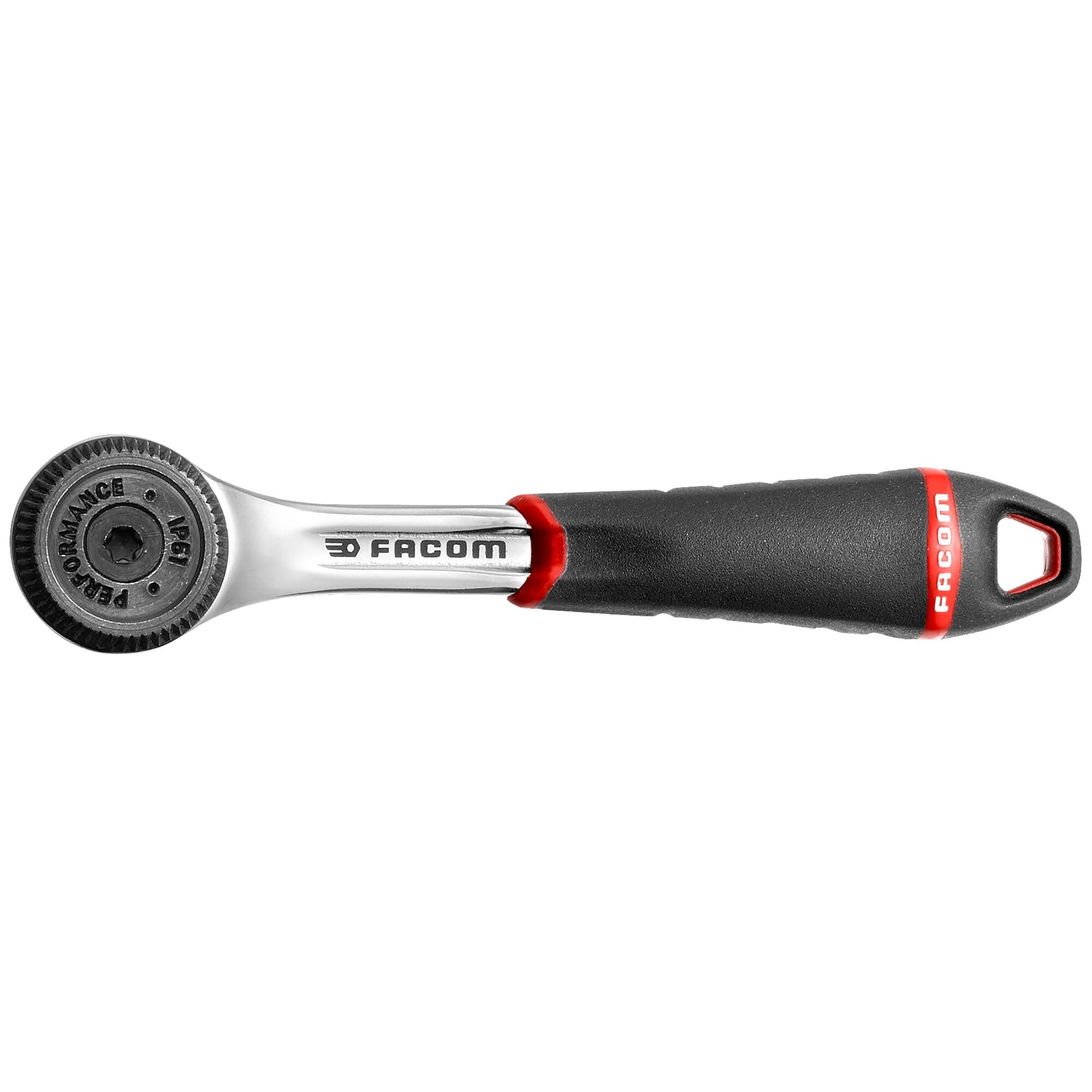 FACOM Trinquete Impermeable de Potencia 1/4", Multicolor, Ligero 410g, Mango Ergonómico Bi-Material, Cabezal Compacto, Estanco al Polvo IP51, 72 Dientes, R.161B