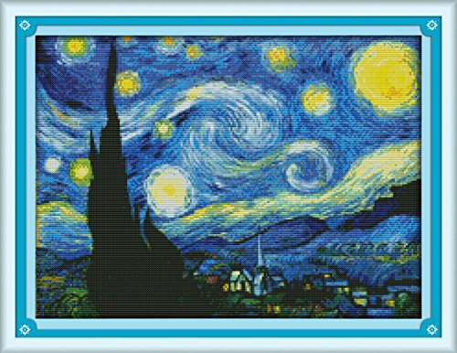 Image of OWN4B Cross Stitch Kits Pre Printed, The Starry Night of Van Gogh Stamped Pattern 11CT 23.2 x17.7 inch DIY Embroidery Kit