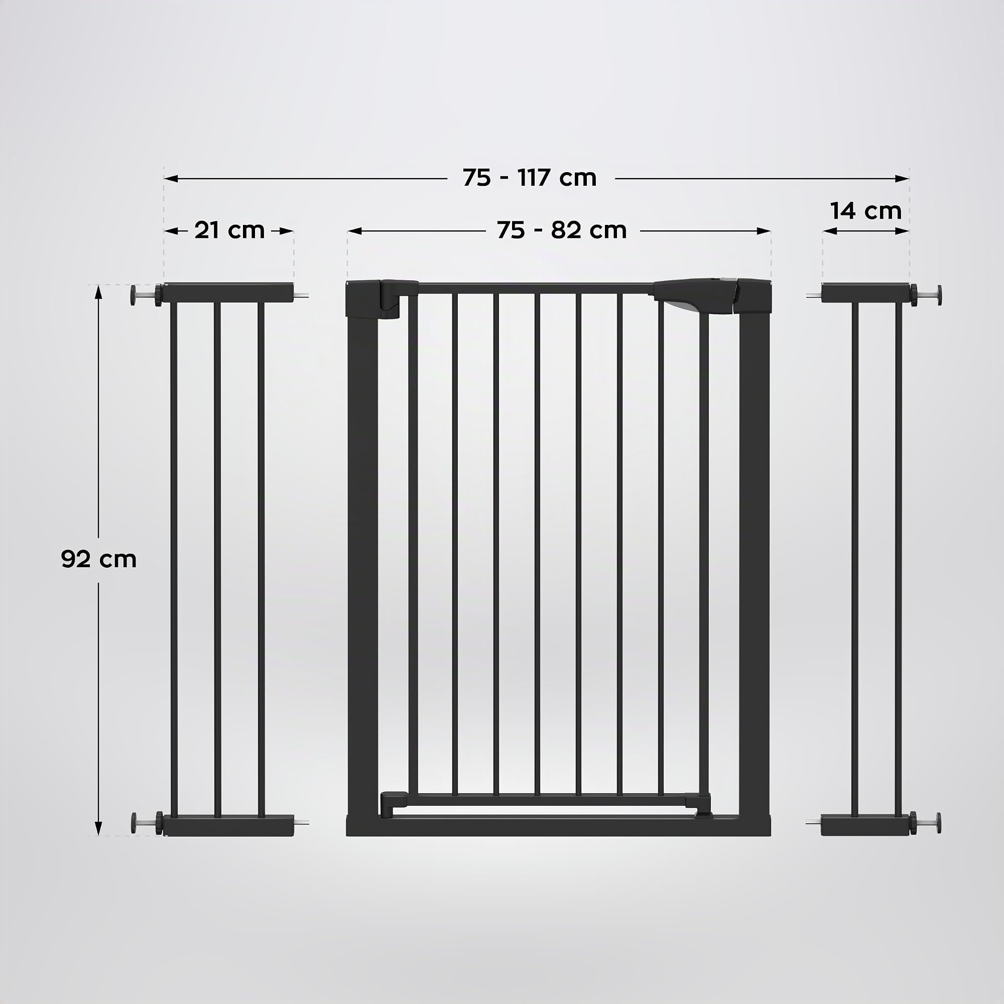Tulano Guardian 5.0 Treppenschutzgitter ohne Bohren - 75–117 cm | Für Treppen und Türen - 92 cm hoch - beidseitig mit einer Hand öffnen - schließt automatisch - 2 Verlängerungen -Schwarz