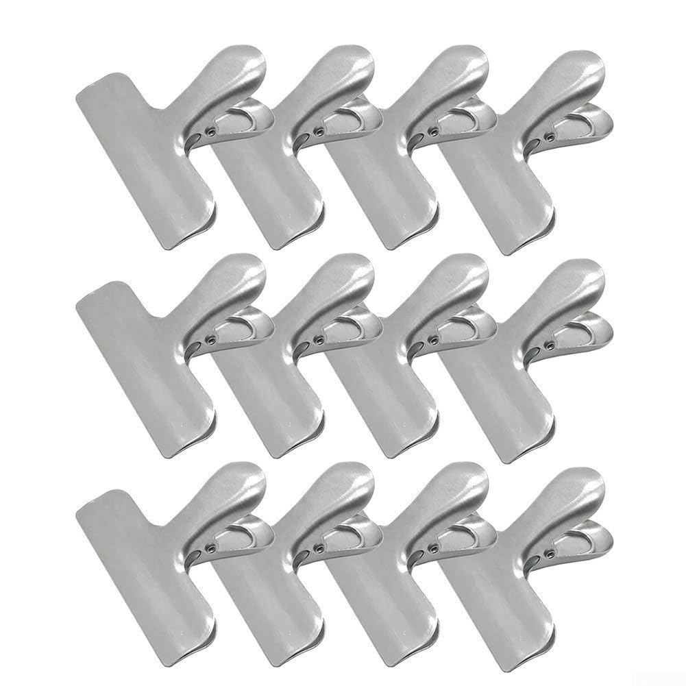 Chip Clips, 2.2 inches Stainless Steel Kitchen Bag Clips Heavy Duty Food Storage Clamps, Silver Sealing Clamps Spring Loaded Sealing Clips for Home Office Papers(12pcs)