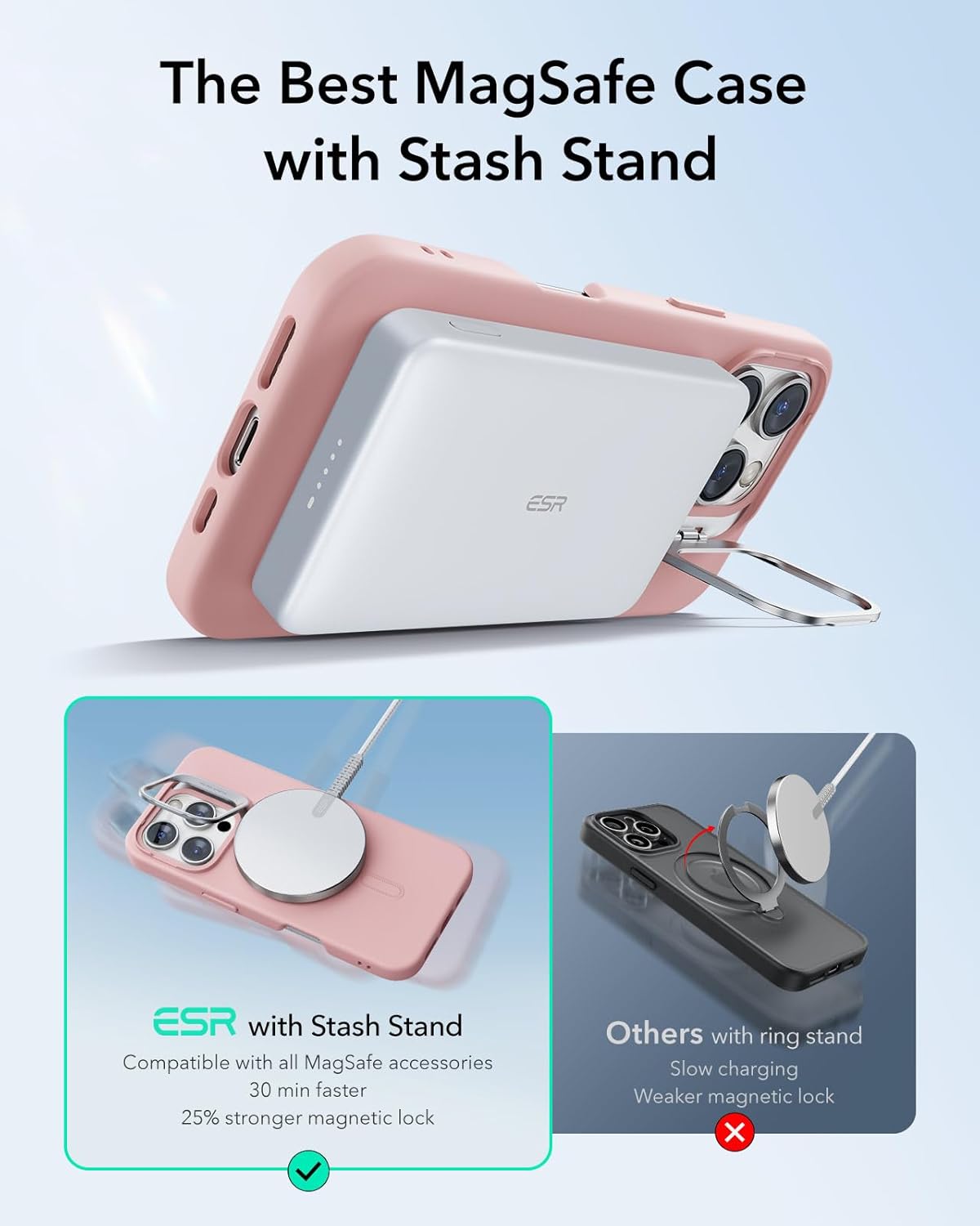 ESR for iPhone 16 Pro Case, Silicone Case with Stand, Compatible with MagSafe, Military-Grade Protection, Built-in Camera Stash Stand, Magnetic Phone Case for iPhone 16 Pro, Cloud Series,Pink - Image 5