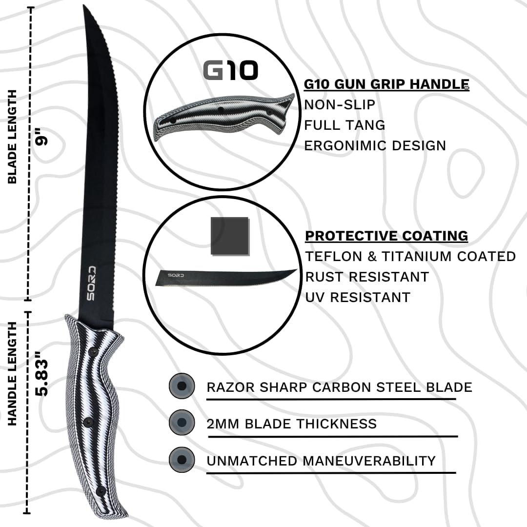 SORD Fillet Knife - 5-9" Filet Knives For Fish - Razor Sharp Boning Knife - Saltwater and Freshwater Fishing - Includes Kydex Sheath - Full Tang Blades | G10 Non Slip Grip | Corrosion Resistant