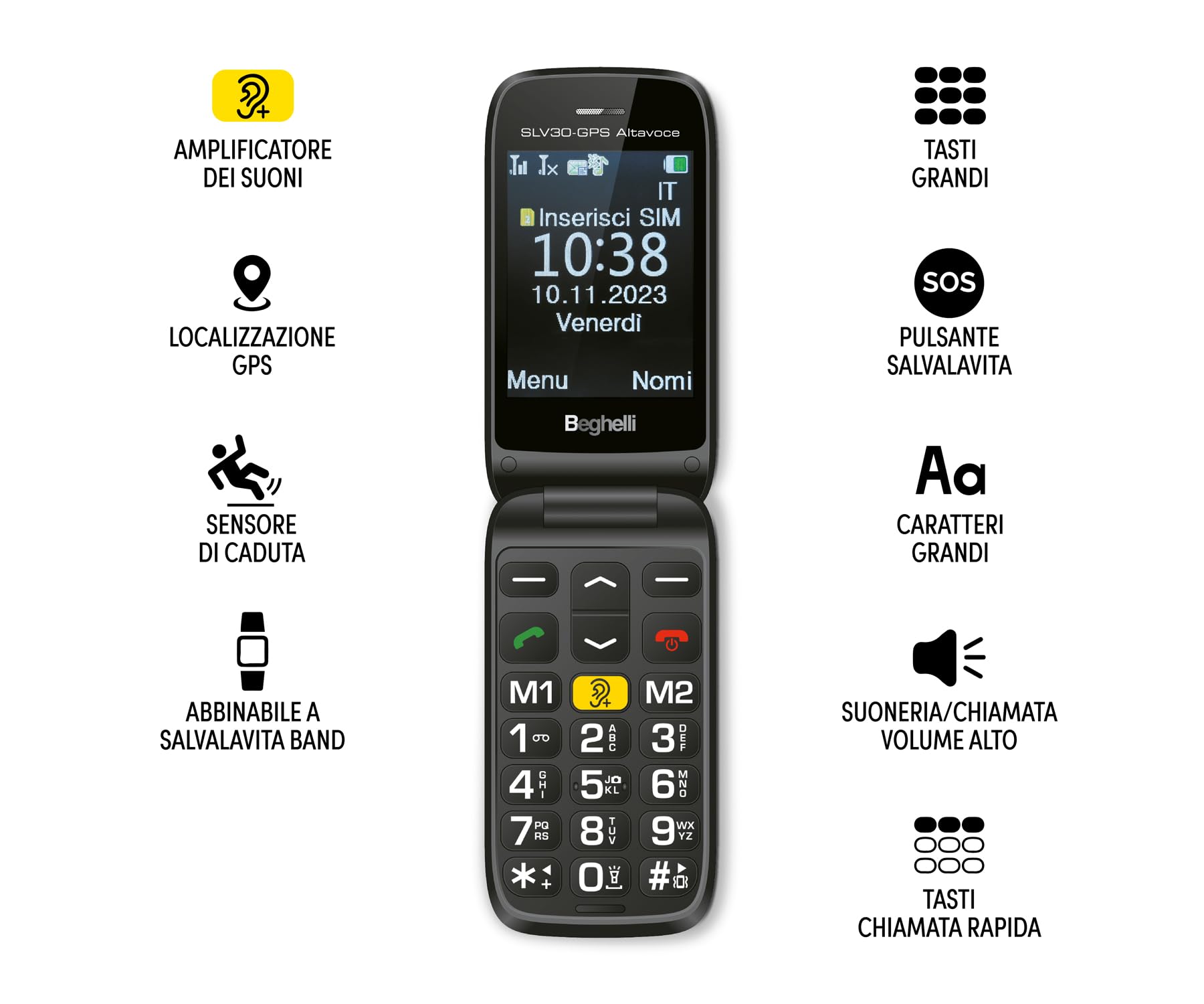 Beghelli - SLV30 Freisprecheinrichtung Plus + Armband für Senioren, GSM SOS, Schnellanruf, tragbare Telekommunikation, GPS, Fallsensor, großes Display, 2,8 Zoll, Weiß