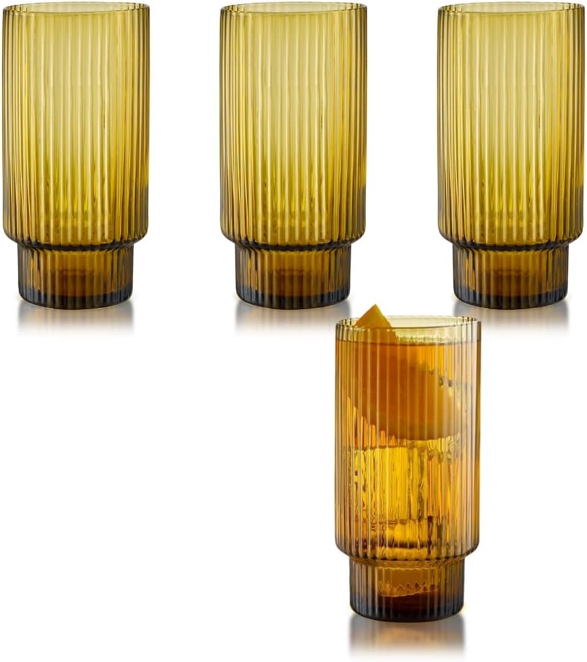 Qualia Carousel Amber Highball Glasses Set of 4 Ribbed Glass Cups 19 oz Fluted Cocktail Glasses Lead-Free Amber Glassware, Yellow Cup, Dishwasher Safe Drinking Glasses, House Warming Gifts