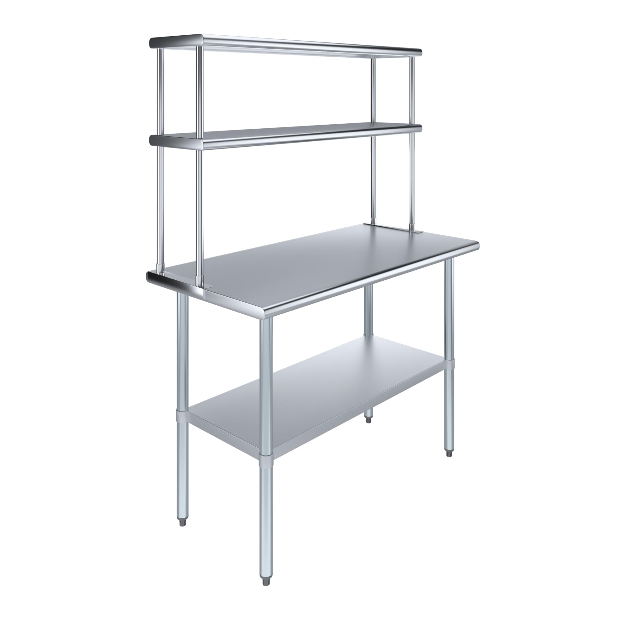 AmGood Stainless Steel Work Table with 12" Wide Double Tier Overshelf | NSF (Stainless Steel Table with Double Overshelves, 48" Long x 24" Deep)