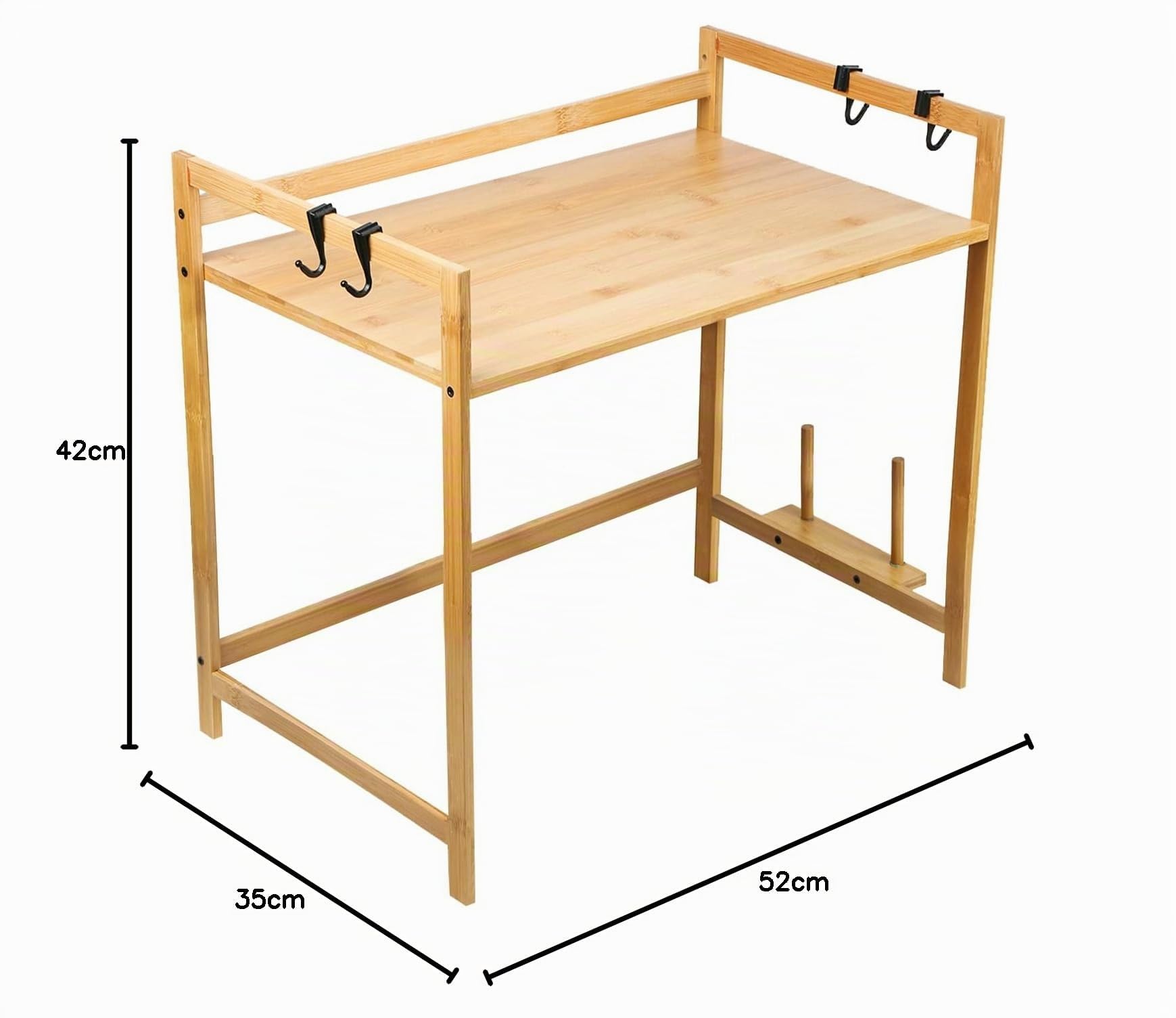 Supporto a microonde in legno, supporto per forno a microonde, mensola da cucina a 1 livelli, con 4 ganci, altezza regolabile (52 x 35 x 42 cm)