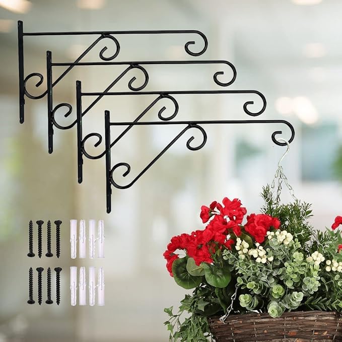 grownix 2 pack metal wall hook hanging plant bracket | decorative straight plant hanger for pots, bird feeders, planters, lanterns, cotton, wind chimes indoor outdoor, black