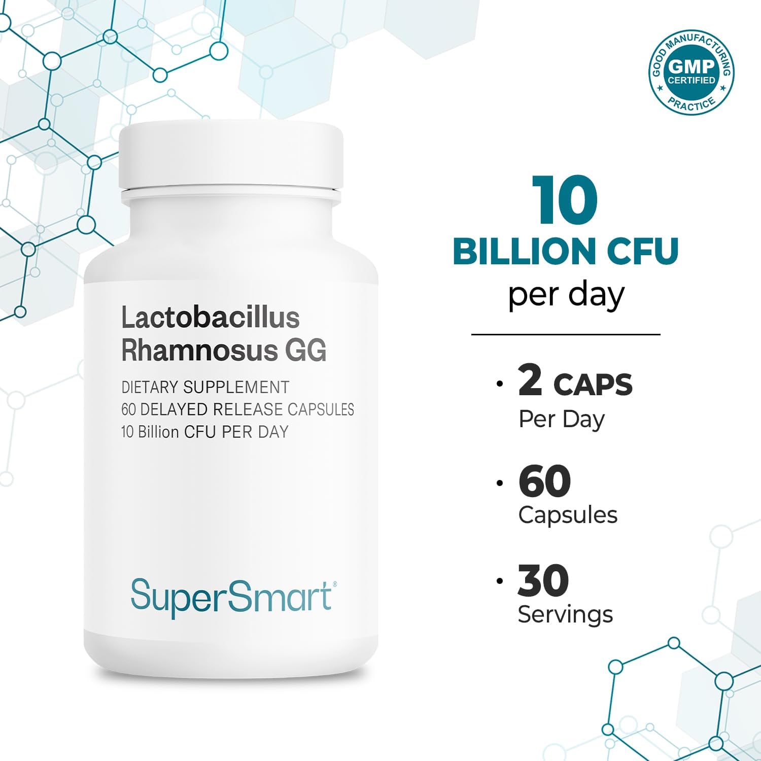 Supersmart Lactobacillus Rhamnosus GG 10 Billion CFU per Day (LGG Probiotic with Inulin) - L. Rhamnosus Supplement | Non-GMO & Gluten Free - 60 DR Capsules
