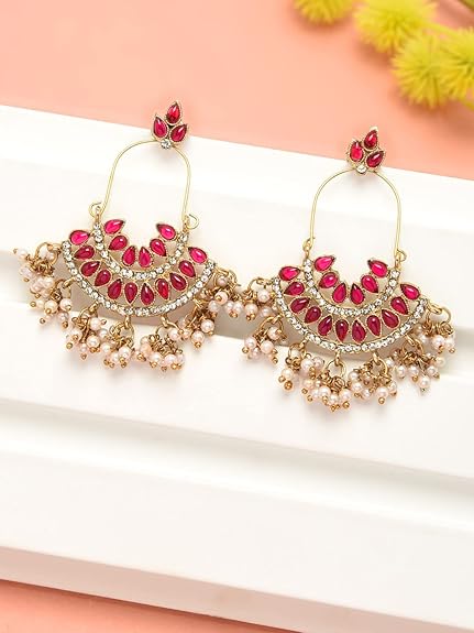 Zaveri Pearls Pink Kundan Austrian Diamonds & Beads Dangle Ethnic Earrings For Women - ZPFK1194 - Image 2