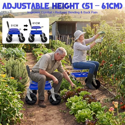 Garten Rollhocker mit 360° Drehbarem Sitz & 360° Schwenkrollen – 150 kg Tragkraft, Höhenverstellbar (51–61 cm) – Gartensitz mit Handschuhen für Jäten, Pflanzen, Auto-Detailing & Garagenarbeiten