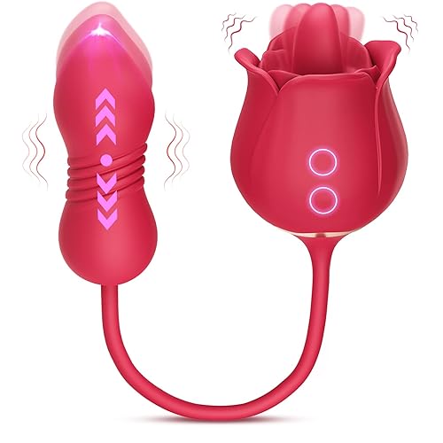 Sex Toys Rose Vibrator Dildo - MOOLIGIRL 4IN1 Adult Toys for Women with 9 Tongue Licking & Thrusting Dildos G Spot Vibrators, Anal Rose Sex Toy Nipple Clitoral Stimulator Licker for Female Couples - Ruby Red
