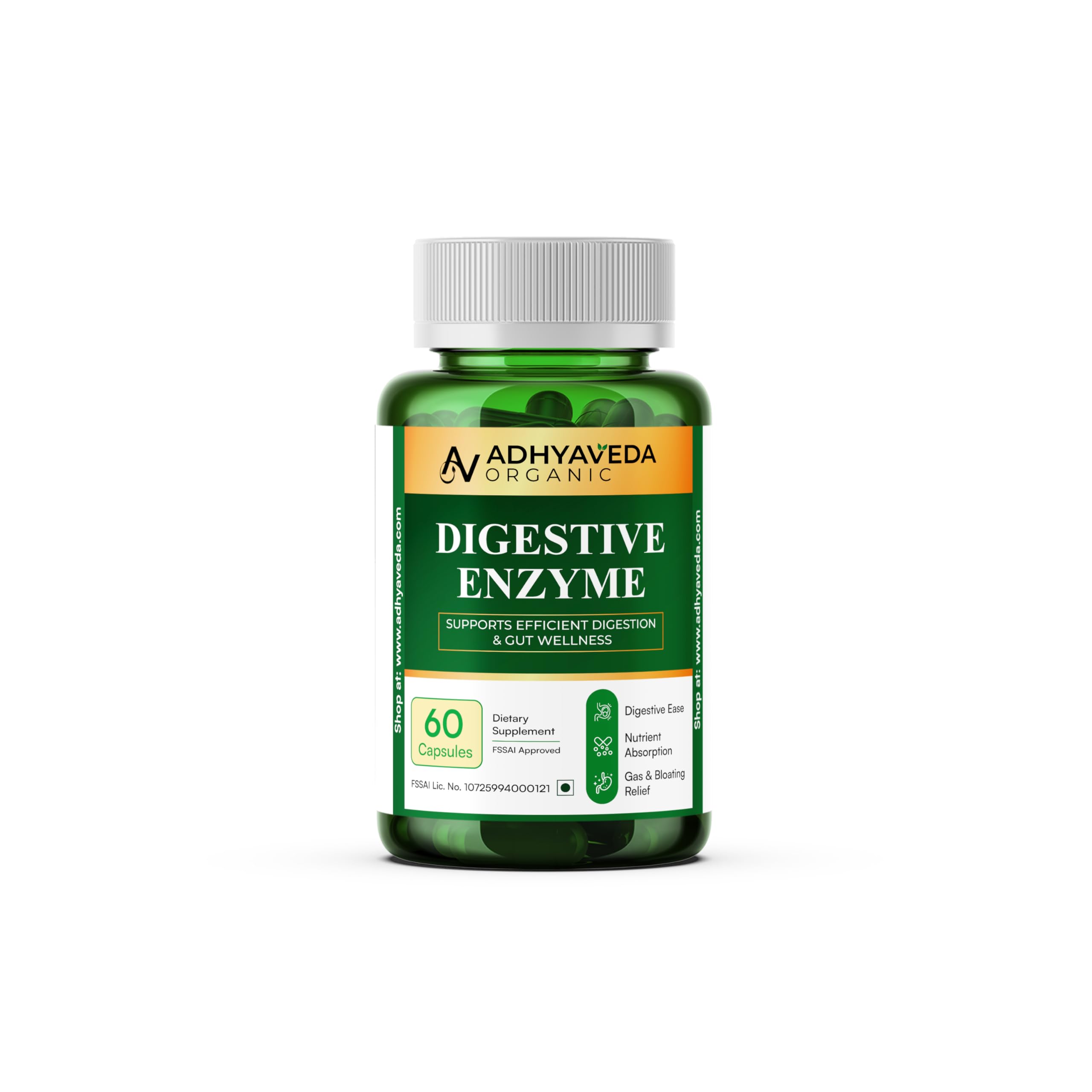 Adhyaveda Digestive Enzyme Capsules with Papain, Bromelain, Amylase, Protease, Lactase & Cellulase | Gut Health, Bloating & Indigestion Relief | 60 Veg Capsules | Non‑GMO, Vegan, FSSAI Approved