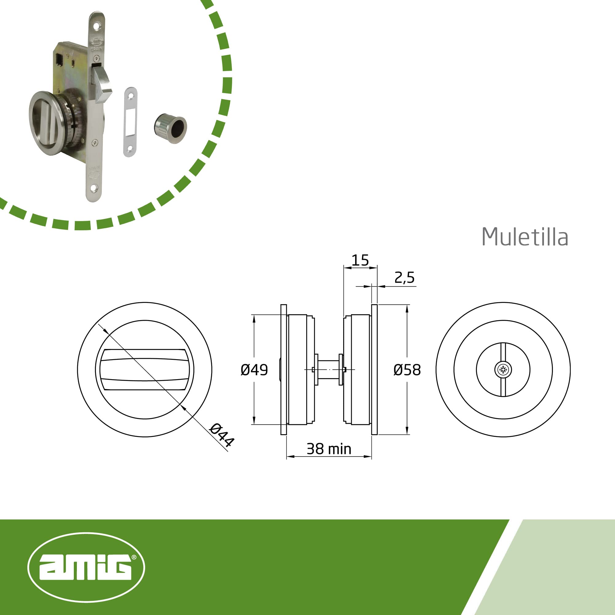 Amig - Serrure à encastrer Mod.611 avec béquille et poignée pour portes coulissantes en bois d'épaisseur 35-40 mm | Entrée : 50 mm | En acier finition chromée mate