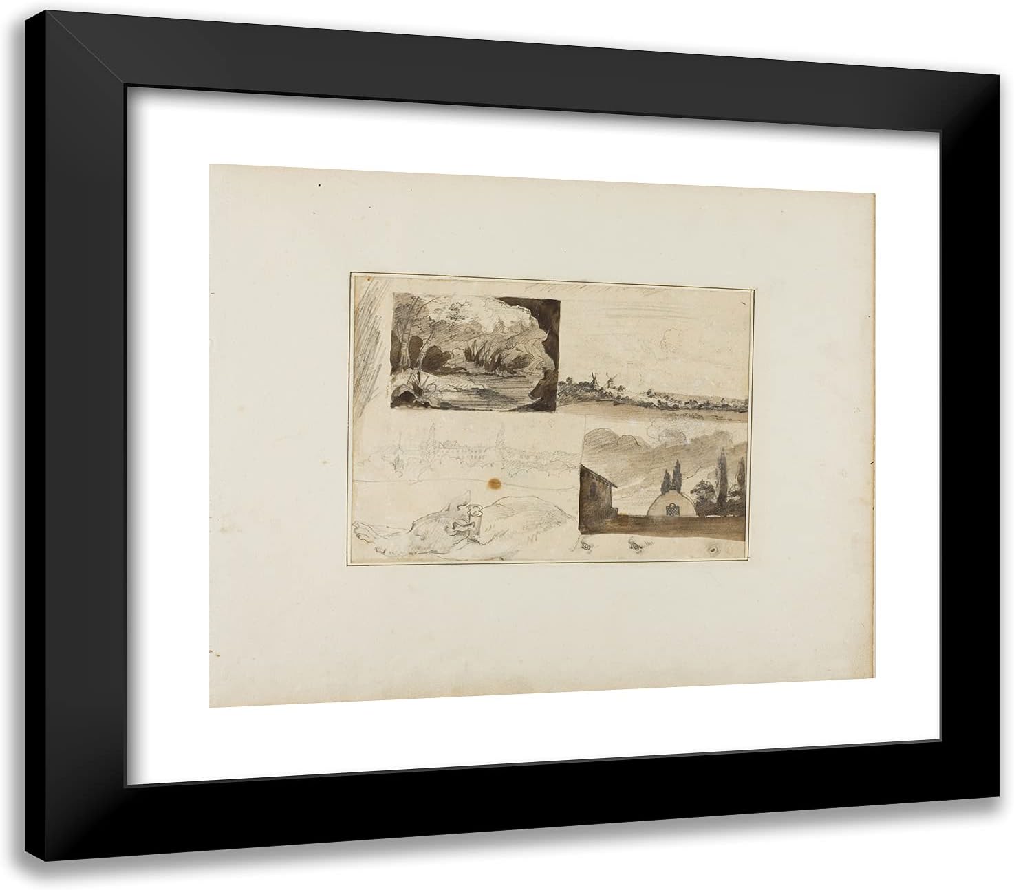 ArtDirect Theodore Gericault 23x20 Black Modern Framed and Double Matted Art Print Titled Sheet of Sketches: Four Landscapes and a Greyhound
