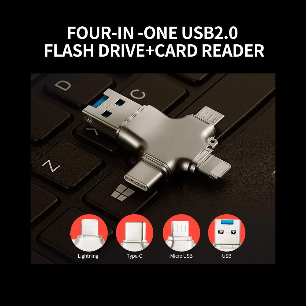 Four-in-one USB 2.0 Flash Drive and Card Reader with icons for Lightning, Type-C, Micro USB, and USB connectors