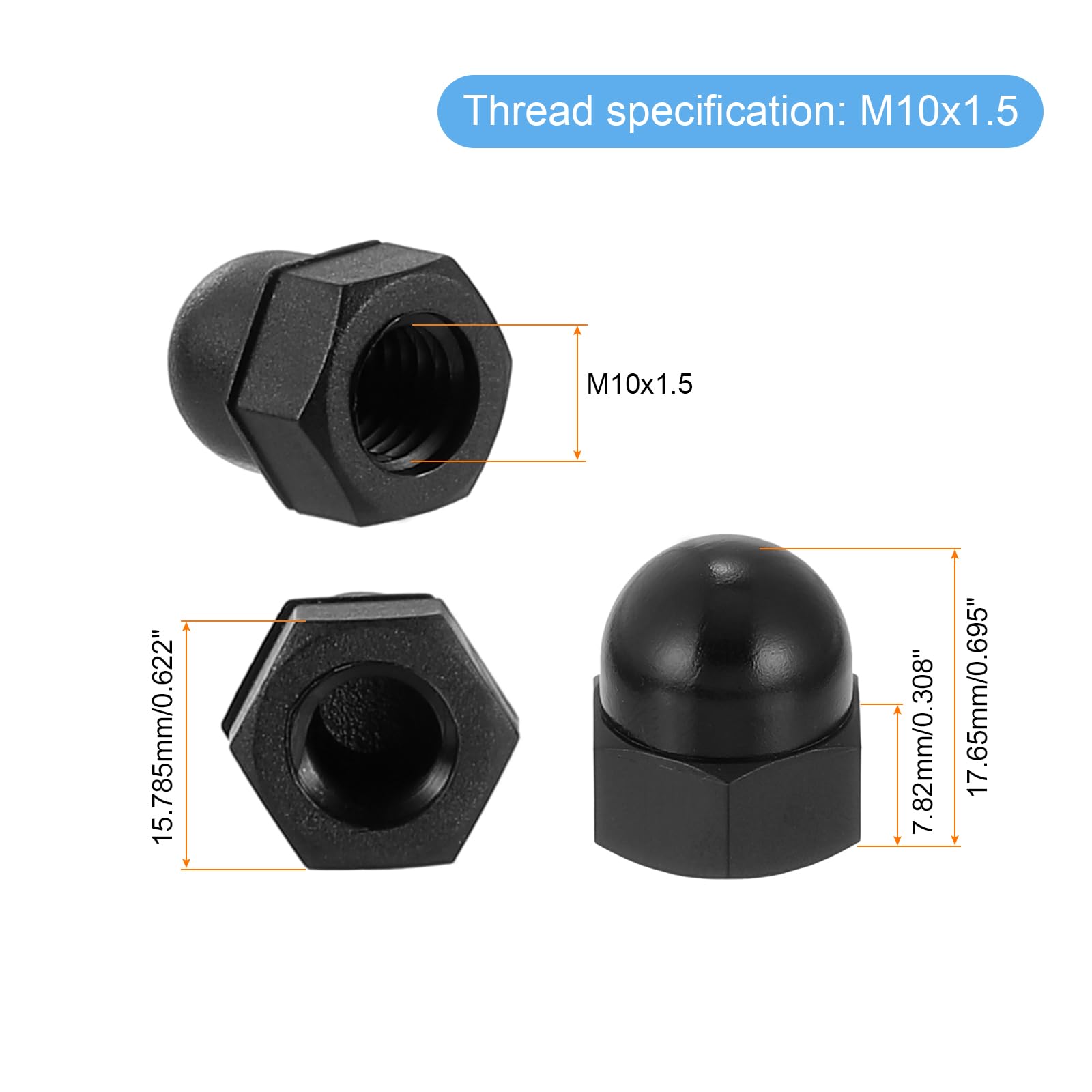 uxcell M10x1.5 Acorn Cap Nuts, 25Pcs Nylon Dome Cap Head Acorn Nut Hardware Nuts for Bolt Cover, Black